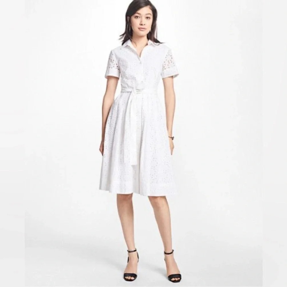 Brooks Brothers 100% Cotton Eyelet Short Sleeve Midi Dress Size 6 (No Belt)